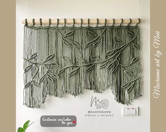 Macrame Leaf Curtain, Boho Window Valance, Moss Green Wall Art