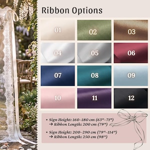 May include: A ribbon options chart displaying twelve numbered color swatches including beige, olive, brown, white, silver, burgundy, navy, teal, light blue, pink, purple, and black. Text indicates sign heights of 63-71 inches and 79-114 inches.