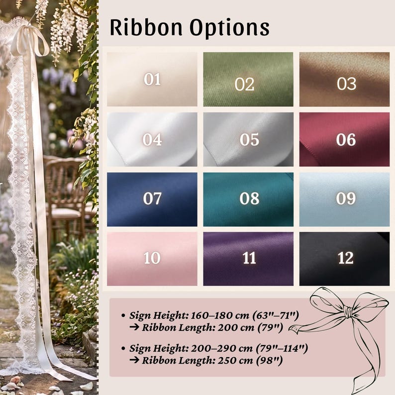 May include: A ribbon options chart displaying twelve numbered color swatches including beige, olive, brown, white, silver, burgundy, navy, teal, light blue, pink, purple, and black. Text indicates sign heights of 63-71 inches and 79-114 inches.