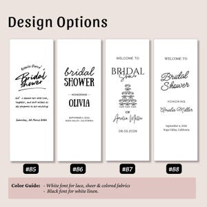 May include: Four vertical white rectangular signs labeled B5, B6, B7, and B8, each featuring black text and graphics for bridal shower events. The designs include various fonts, a champagne tower illustration, and placeholders for names and dates.