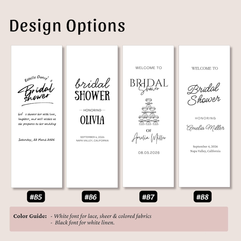 May include: Four vertical white rectangular signs labeled B5, B6, B7, and B8, each featuring black text and graphics for bridal shower events. The designs include various fonts, a champagne tower illustration, and placeholders for names and dates.