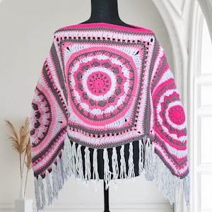 Crochet Fringe Poncho: Pink & White Bohemian Style