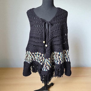 Unique Fringed Poncho Cape: Handcrafted Crochet Wrap, Ideal Gift for Fashionable Women