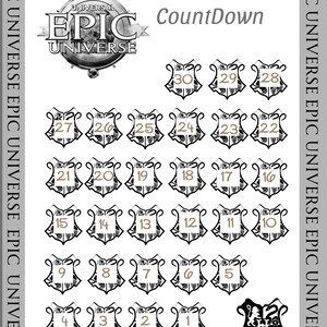 Op de afbeelding: Een witte afbeelding met de tekst "EPIC UNIVERSE CountDown" en een reeks genummerde schilden van 1 tot 30. De afbeelding bevat ook het "EPIC UNIVERSE" logo en tekst aan de zijkanten.