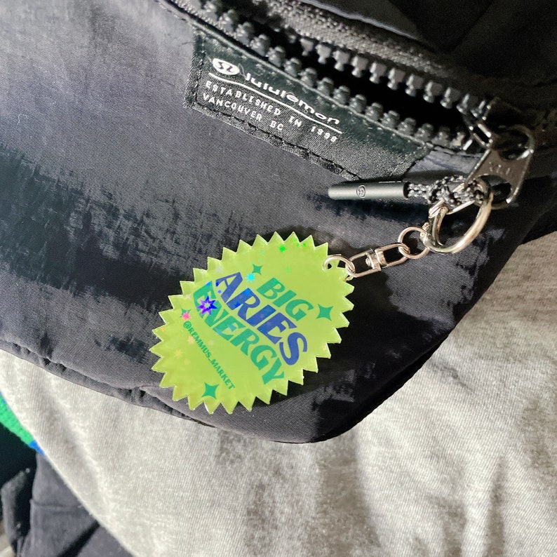 Puede incluir: Un llavero verde y azul con el texto "BIG ARIES ENERGY" y "@RHEMMUS_MARKET" en una bolsa negra con cremallera y el texto "lululemon ESTABLISHED IN 1998 VANCOUVER BC"
