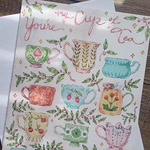 Cartão de felicitações - Xícara de chá - 5x7 xícaras de chá e plantas, Cottagecore, papelaria de fadas