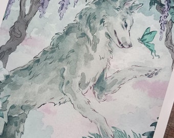 Twilight Garden - 5x7 Art Print - White Wolf, Luna Moth, Dreamy Garden Painting