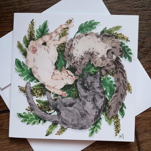 Cartão de felicitações - Trio de gatinhos - 5x5 Gatos brincalhões em folhas Papelaria