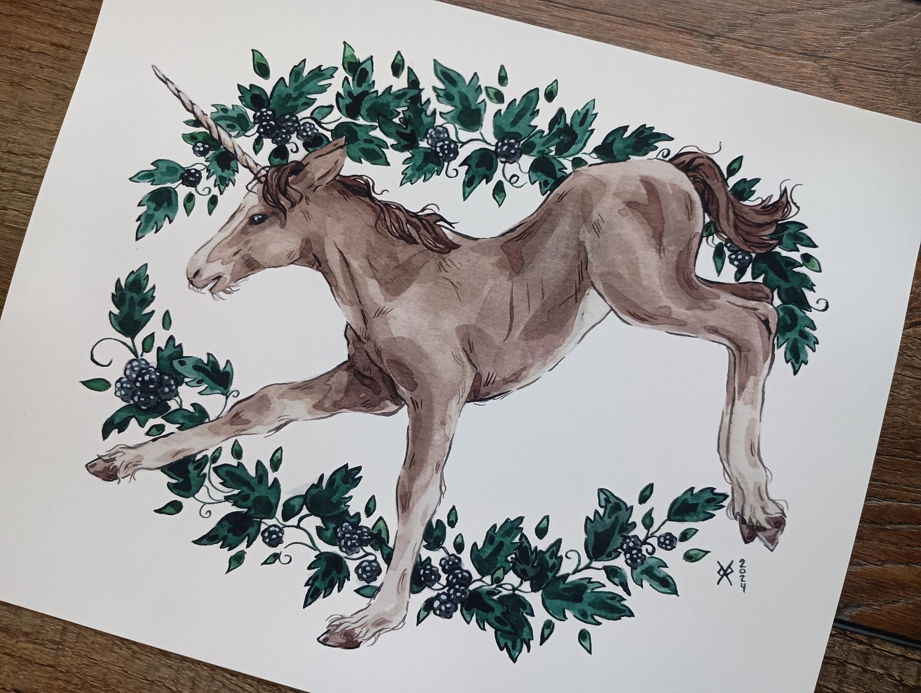 Wildling - 8x10 Art Print - Fairytale Painting, Unicorn Foal Among Blackberries