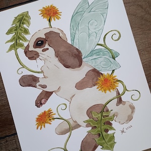Dandelion Fairy Bunny Art Print: Cottagecore Rabbit Painting (8x10)