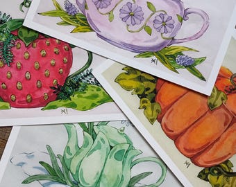 Seasonal Teapot Art Print Set: Cottagecore Kitchen Decor (5x7)