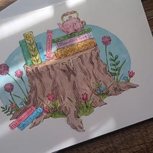 Wenskaart - Bibliotheek stomp - 5 x 7 Cottagecore briefpapier, boeken en bloemen schilderen