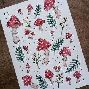 Forest Floor - 5x7 Art Print - Patterned Red Mushrooms and Fern Fronds