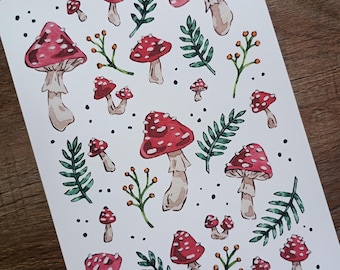 Forest Floor - 5x7 Art Print - Patterned Red Mushrooms and Fern Fronds