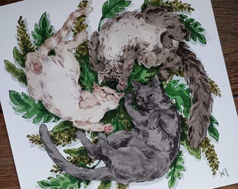 Kitty Trio - 8x8 Art Print - Playful Cats and Leaves Painting