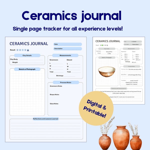 Ceramics Journal Page - Printable or Digital Tracker Notebook for Wheel Throwing Pottery Planner