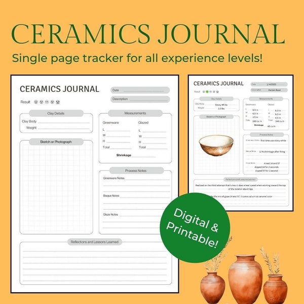 Może przedstawiać: Drukowany dziennik ceramiczny z kratkowaną sekcją do szkicowania lub fotografowania ceramicznego przedmiotu. Dziennik zawiera sekcje do rejestrowania szczegółów gliny, pomiarów, skurczu, notatek dotyczących procesu oraz refleksji i odniesionych lekcji. Tekst "CERAMICS JOURNAL" pojawia się na górze strony.