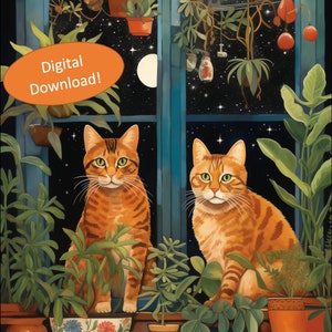 Puede incluir: Dos gatos tabby naranjas se sientan en un alféizar de ventana con vista a un cielo nocturno estrellado y una luna llena. Los gatos están rodeados de plantas en macetas, incluida una gran planta verde en la esquina derecha de la imagen. La ventana es azul y tiene un marco blanco. El texto "¡Descarga digital!" está en un círculo naranja grande en la esquina superior izquierda de la imagen.