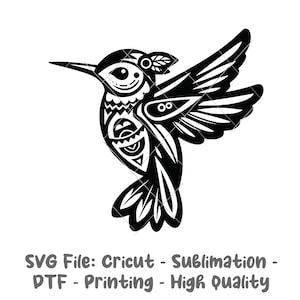 May include: Black and white silhouette of a hummingbird with intricate geometric patterns. The bird is in flight with its wings spread wide.  SVG File: Cricut - Sublimation - DTF - Printing - High Quality