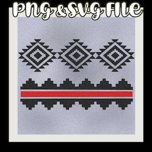 May include: Black and white geometric pattern with a red stripe. The pattern is made up of squares and triangles. The background is a light gray.