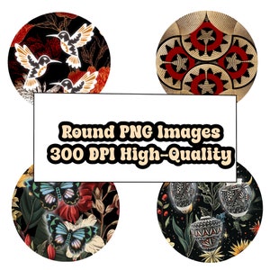 May include: Four round PNG images with a black background. The first image features three hummingbirds with red, gold, and black accents. The second image features a geometric pattern with gold, red, and black accents. The third image features two butterflies with blue, green, and white accents. The fourth image features three stylized vases with black, white, and red accents. The text "Round PNG Images 300 DPI High-Quality" is displayed in the center of the image.
