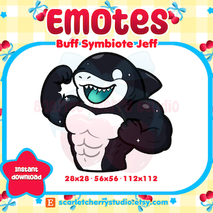 Pode incluir: Gráfico digital de um personagem de orca musculoso, flexionando o braço. A imagem tem o texto "emotes" e "Buff Symbiote Jeff". A imagem é cercada por uma borda azul e um fundo com cerejas e estrelas.