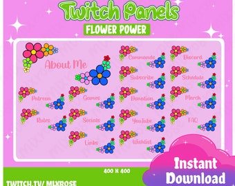 x15 Flower Power Twitch Panels | Panels for Streamers, Panels for Twitch, Flower Overlays