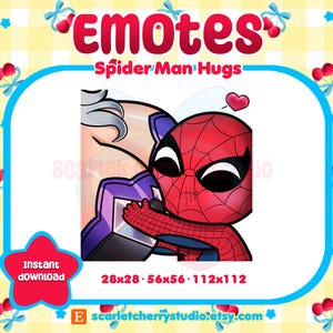 Könnte beinhalten: Digitaler Download-Grafik mit Spider-Man, der eine andere Figur umarmt. Das Bild befindet sich in einem blau-weißen Rahmen mit dem Text "emotes Spider-Man Hugs". Ein rotes Herz schwebt über den Figuren. Der Text "sofortiger Download" und Größenoptionen sind enthalten.