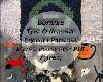 May include: A crochet pattern bundle for Type O Negative fans. The bundle includes digital downloads of PDF and JPEG files. The image shows two crochet squares, one with a green wreath and the other with a skull design.