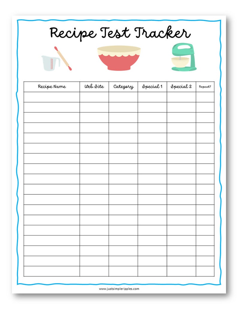 Recipe Test Tracker Log, New Recipe Log, Favorite Recipe Tracker, Best