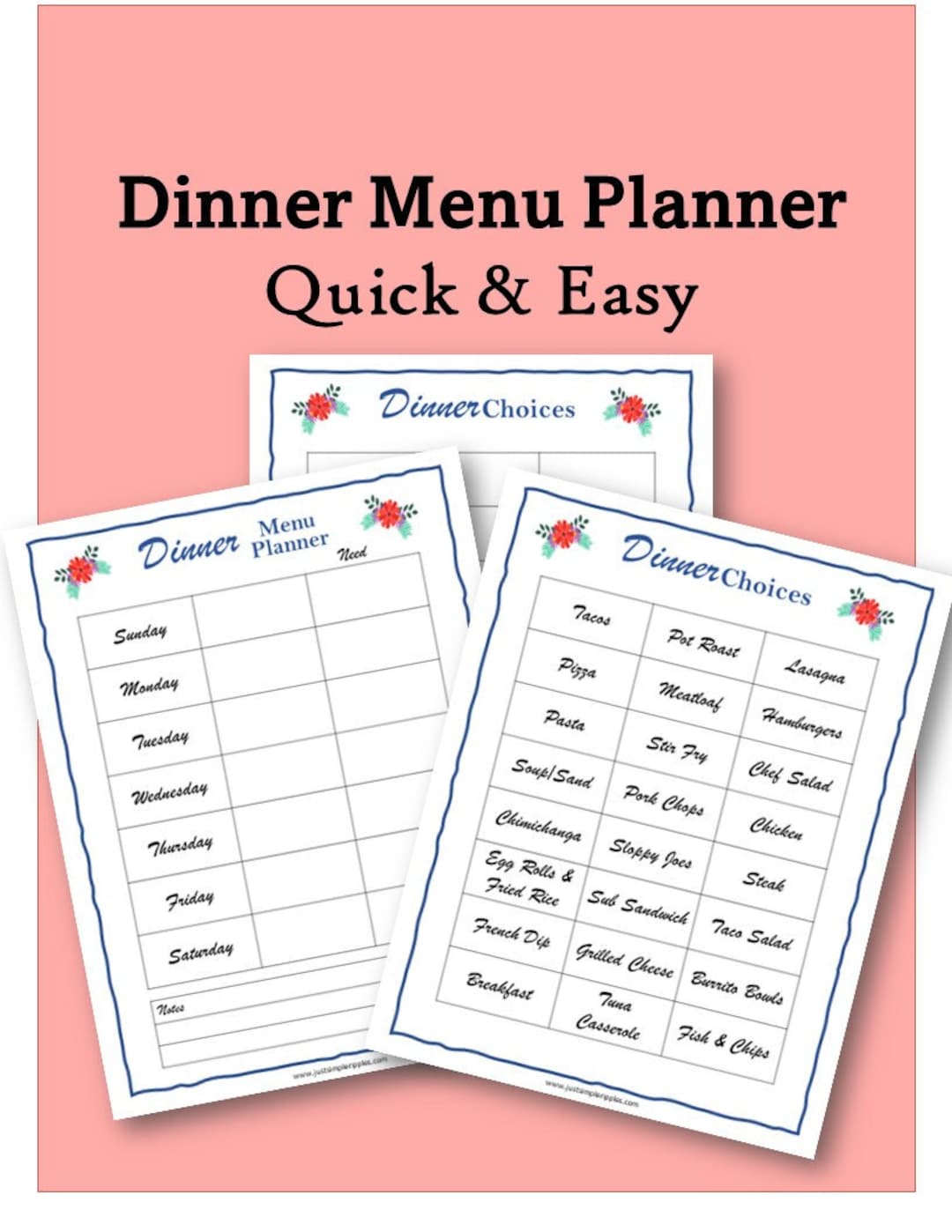 Quick & Easy DINNER MENU PLANNER, Fillable, Editable, Printable, Easy