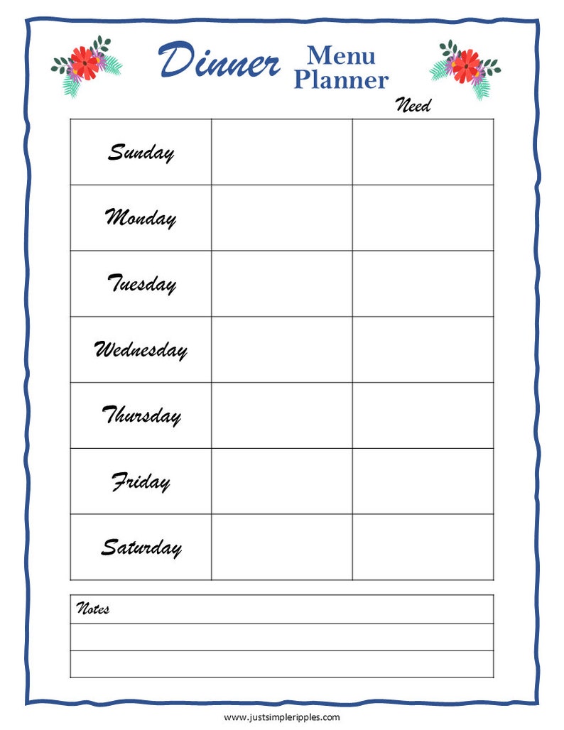 Simple DINNER MENU PLANNER Fillable Editable Printable Etsy