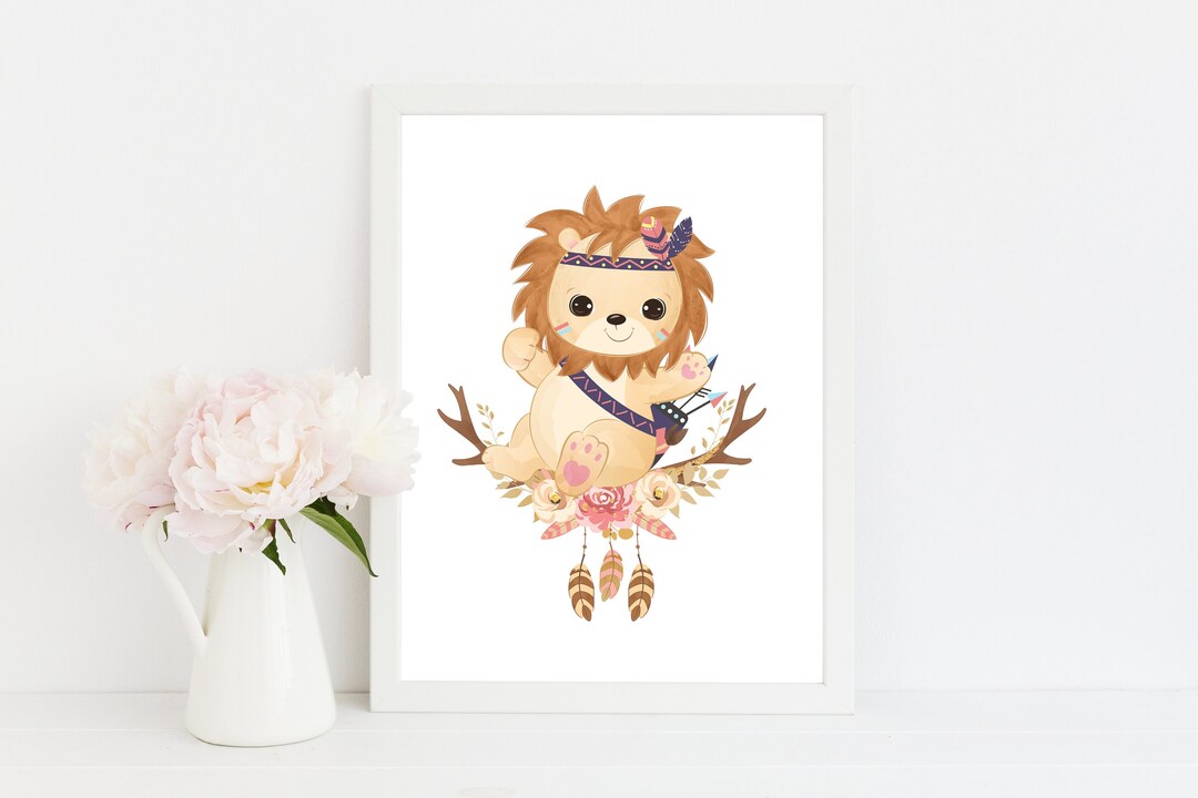 Safari Nursery Decor, Baby Lion Wall Art Print, Modern Neutral Boho