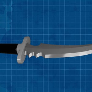 Puede incluir: Un cuchillo renderizado en 3D con una hoja y guarda plateadas, un mango negro y una hoja curva. El cuchillo está sobre un fondo de cuadrícula azul. La imagen incluye los logotipos de Bonefire Graphics y Parallax Sal.
