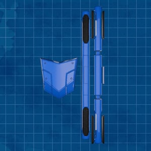 May include: A blue shield-shaped component and two long, segmented blue cylindrical rods with black accents, displayed against a blue grid background. The shield features a V-shaped design with panel lines, while the rods have multiple joints.