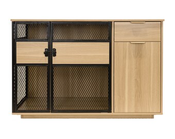 Lucky Kennels' Premium Wooden Dog Crate for Stylish Home Décor and Comfortable Canine Living with Charming Clover Design.