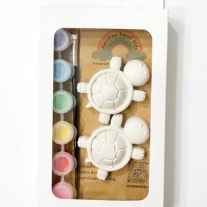 May include: A white cardboard box containing a craft kit with two white turtle figurines, a small paintbrush, and a strip of six small paint pots in pastel colors. The packaging features the text Rainbow Paint Kits and a rainbow graphic.