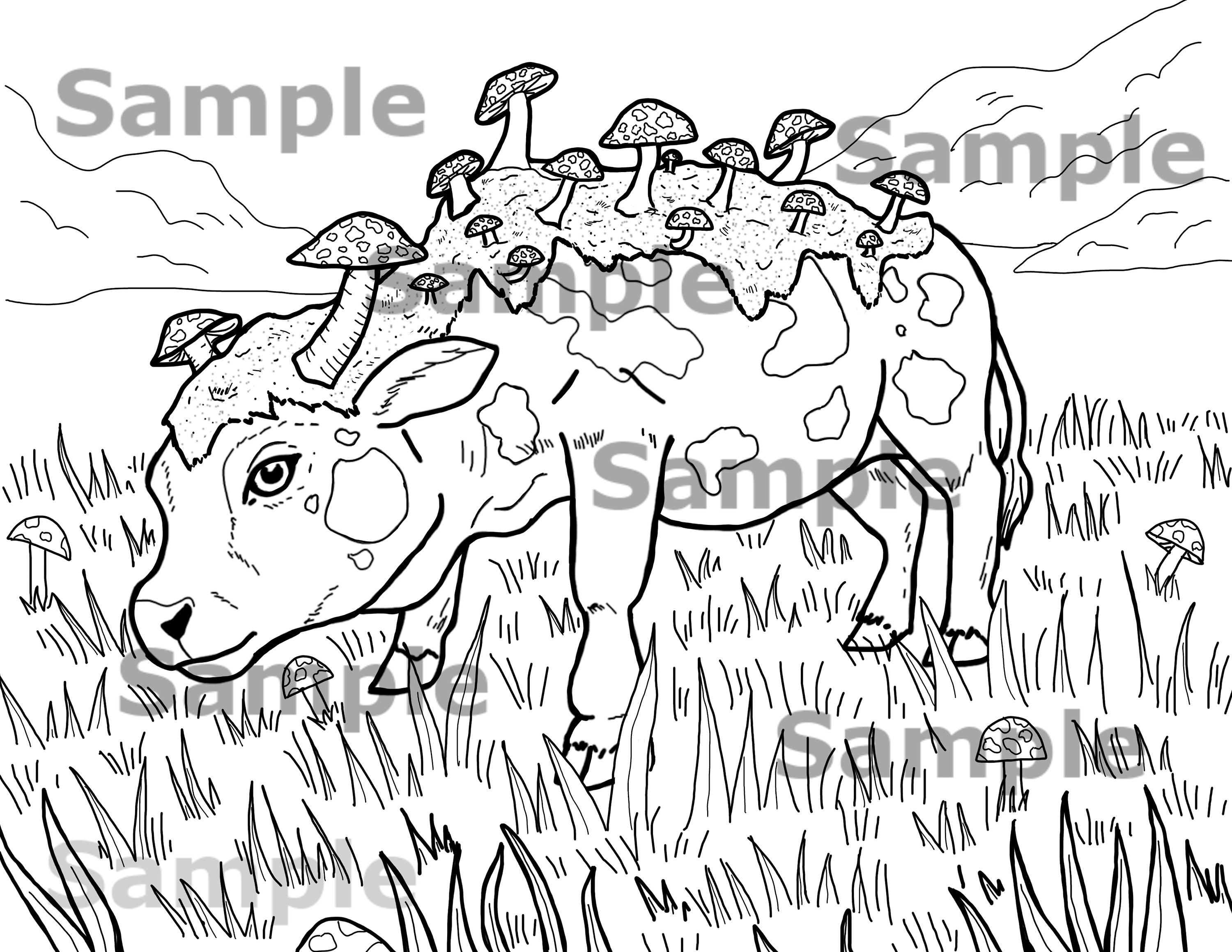 Mushroom Cow Downloadable Coloring Page - Etsy