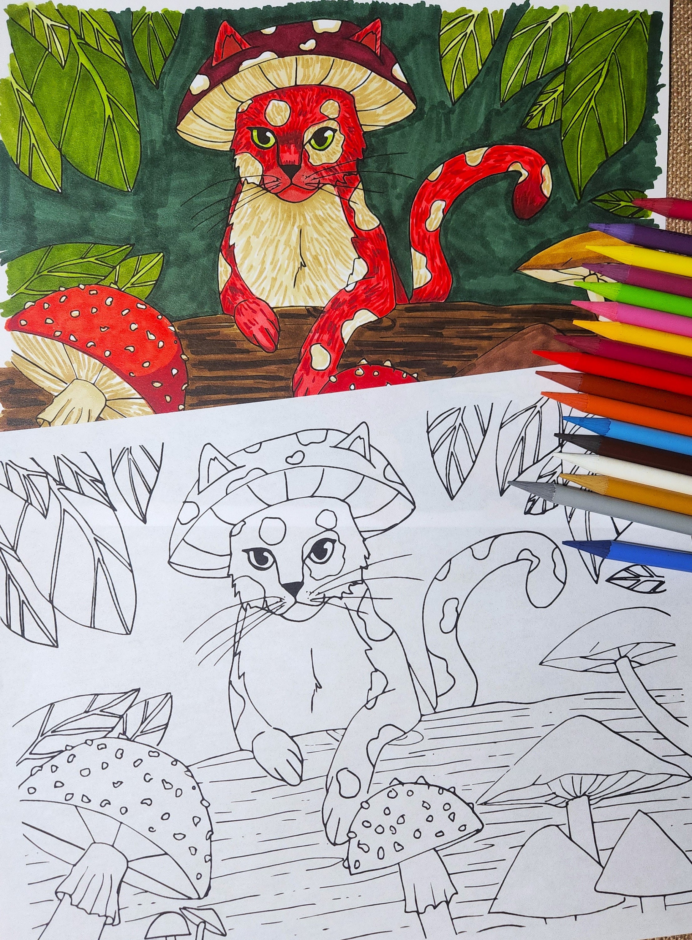 Mushroom Cat Downloadable Coloring Page - Etsy