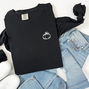 Understated Pumpkin Tee | Women&#39;s Autumn T-shirt | Fall Pumpkin | Cozy Long Sleeve Tee | Pumpkin Patch Outfit