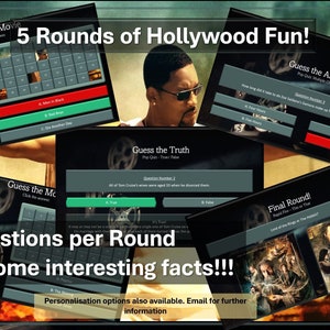 Hollywood Quiz 5 Rounds - Game Night / Ice Breaker / Party / Trivia - Reveal the answer, Multiple Choice, True/ False and Rapid Fire Rounds