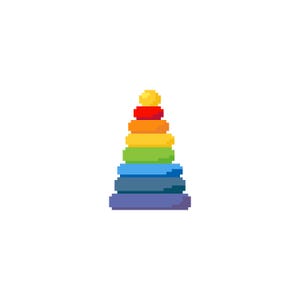 May include: A rainbow-colored stacking toy for babies and toddlers. The toy is made of plastic and has a yellow, red, orange, green, blue, and purple rings. The rings are stacked on top of each other, with the yellow ring at the top and the purple ring at the bottom.