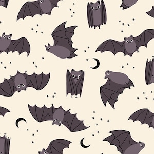 May include: A repeating pattern featuring cartoon bats in various poses, along with crescent moons and stars. The bats are dark gray with black wings, set against a cream-colored background. This design is suitable for Halloween or spooky-themed products.