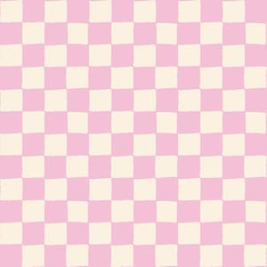 May include: A repeating pattern of pink and cream-colored squares. The squares have a slightly rough, hand-drawn appearance, creating a textured effect. The design is a classic checkerboard pattern.