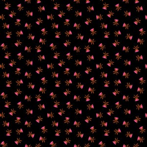 以下が含まれることがあります： 黒い背景に、小さなピンクの花と茶色の茎が繰り返されるパターン。 花は表面全体に均等に配置され、繊細でフェミニンなデザインを作り出しています。