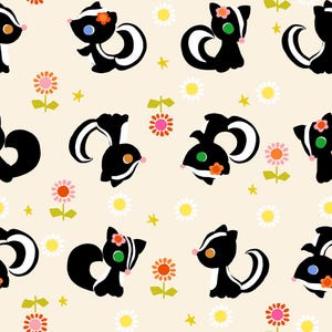 May include: A repeating pattern on a light cream background featuring stylized black and white skunks with colorful circular eyes and small flowers on their heads, interspersed with orange and yellow flowers and small yellow stars.