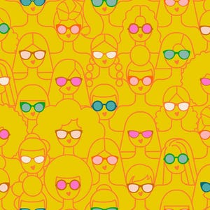 May include: A repeating pattern of stylized female figures with various hairstyles and colorful sunglasses on a yellow background. The sunglasses are in shades of pink, green, blue, and white.