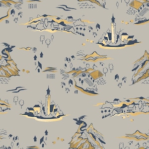 May include: A repeating pattern featuring a whimsical landscape with mountains, villages, and dragons. The design uses a palette of gold, navy blue, and gray. The illustration style is reminiscent of a vintage map or storybook illustration.