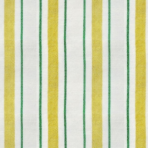 May include: Close-up of a fabric with a repeating vertical stripe pattern. The pattern features alternating stripes of white, yellow, and green. The fabric has a textured appearance, suggesting a woven material.
