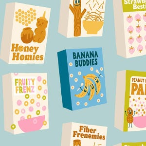 Op de afbeelding: Een patroon van geïllustreerde ontbijtgranendozen met speelse namen als "Honey Homies", "Banana Buddies" en "Peanut Butter Pals". Elke doos heeft kleurrijke graphics en tekst op een lichtblauwe achtergrond.